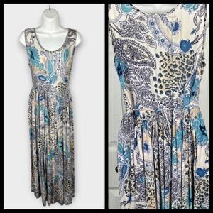 Bila Womens‎ Vintage White Maxi Dress Crickle Paisley Animal Print Boho Small